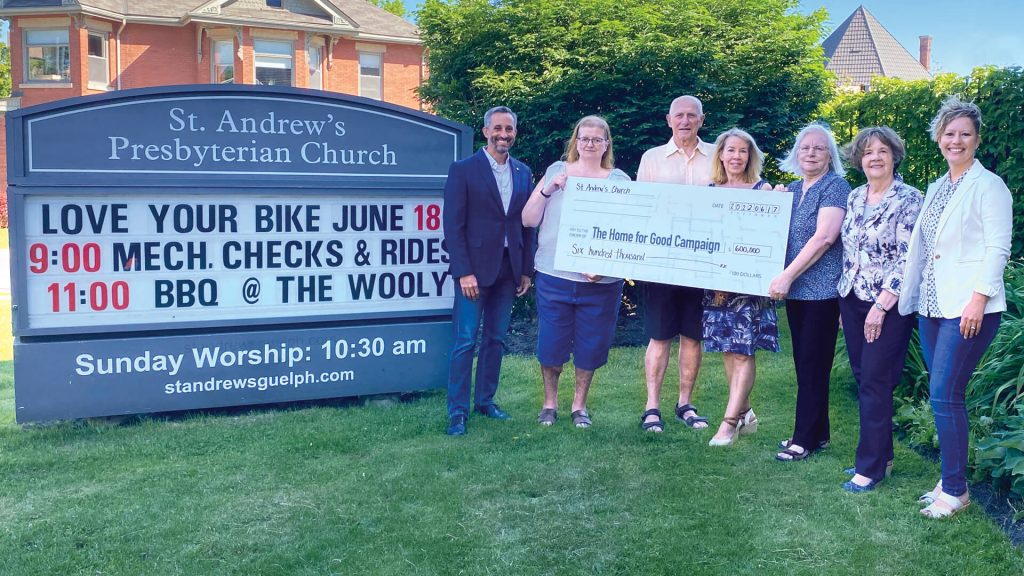 Guelph Community Foundation, United Way Guelph Wellington Dufferin receive $600,000 cheque from St. Andrew's Presbyterian Church Guelph.
